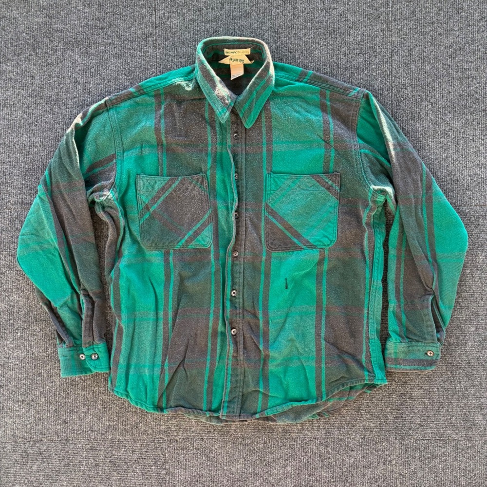 Vintage St Johns Bay Big Mac Flannel Shirt Mens Large Green Gray Plaid USA Made